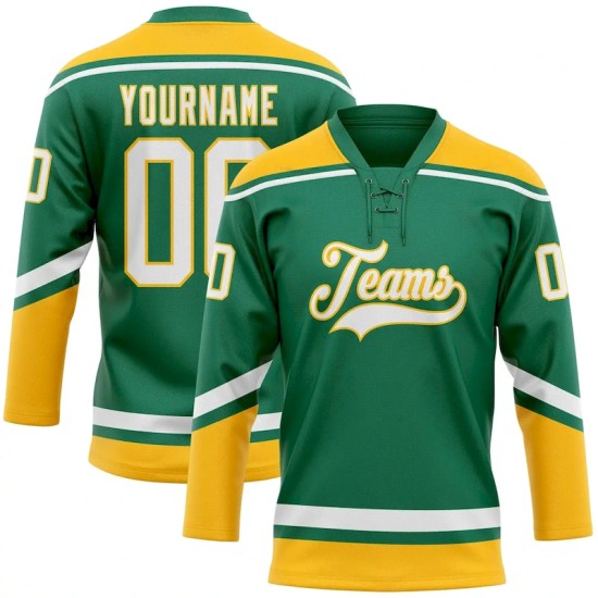 Custom Kelly Green White-Gold Hockey Lace Neck Jersey Custom Kelly Green White-Gold Hockey Lace Neck Jersey