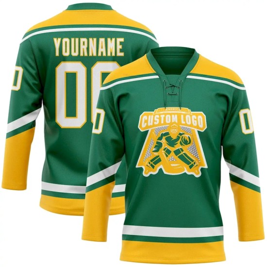 Custom Kelly Green White-Gold Hockey Lace Neck Jersey Custom Kelly Green White-Gold Hockey Lace Neck Jersey