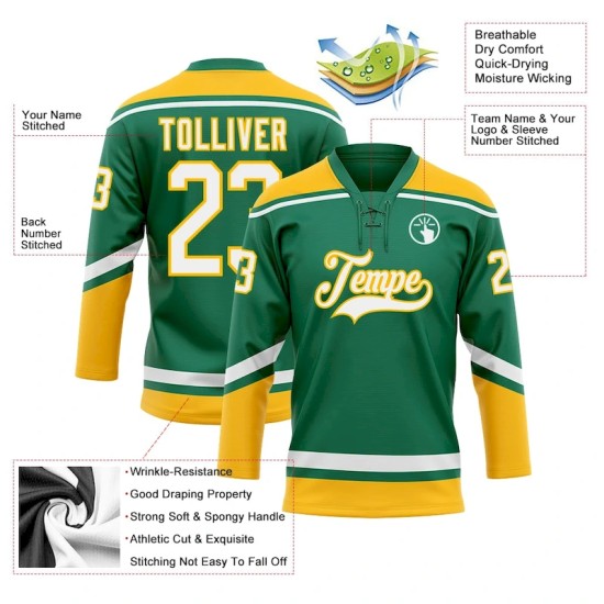 Custom Kelly Green White-Gold Hockey Lace Neck Jersey Custom Kelly Green White-Gold Hockey Lace Neck Jersey