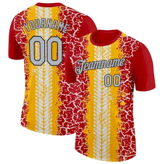 Custom Red Light Gray Gold-Black 3D Esports Performance T-Shirt