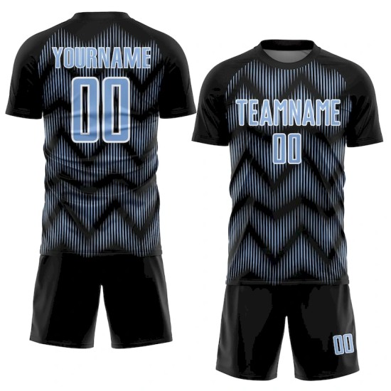 Custom Black Light Blue-White Line Sublimation Soccer Uniform Jersey Custom Black Light Blue-White Line Sublimation Soccer Uniform Jersey