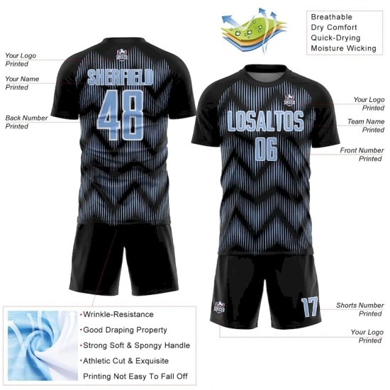 Custom Black Light Blue-White Line Sublimation Soccer Uniform Jersey Custom Black Light Blue-White Line Sublimation Soccer Uniform Jersey