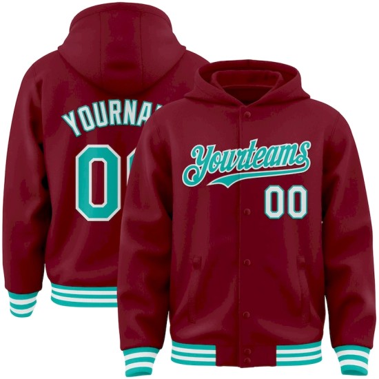 Custom Crimson Aqua-White Bomber Full-Snap Varsity Letterman Hoodie Jacket Custom Crimson Aqua-White Bomber Full-Snap Varsity Letterman Hoodie Jacket