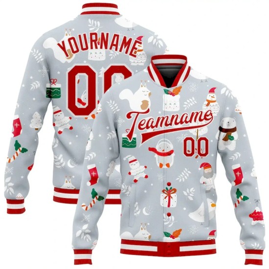 Custom Silver Red-White Christmas 3D Bomber Full-Snap Varsity Letterman Jacket Custom Silver Red-White Christmas 3D Bomber Full-Snap Varsity Letterman Jacket