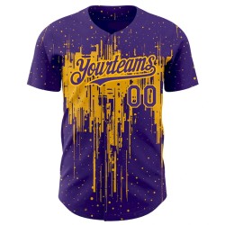 Custom Purple Gold 3D Pattern Design Dripping Splatter Art Authentic Baseball Jersey