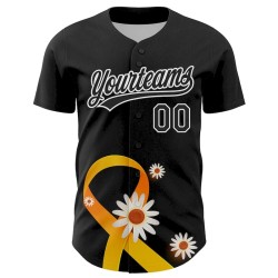 Custom Black Yellow-White 3D Childhood Cancer Gold Ribbon Authentic Baseball Jersey