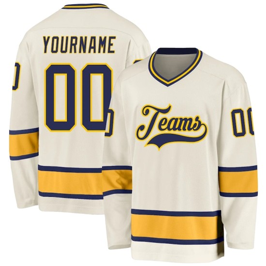 Custom Cream Navy-Gold Hockey Jersey