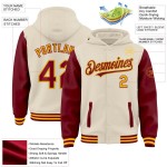 Custom Cream Crimson-Gold Bomber Full-Snap Varsity Letterman Two Tone Hoodie Jacket