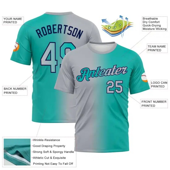 Custom Aqua Gray-Navy Gradient Fashion Performance T-Shirt