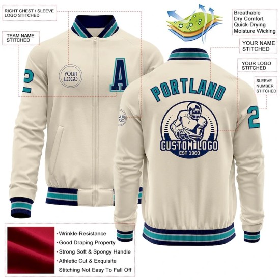 Custom Cream Teal Navy-Gray Bomber Varsity Letterman Zipper Jacket Custom Cream Teal Navy-Gray Bomber Varsity Letterman Zipper Jacket