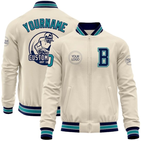 Custom Cream Teal Navy-Gray Bomber Varsity Letterman Zipper Jacket Custom Cream Teal Navy-Gray Bomber Varsity Letterman Zipper Jacket